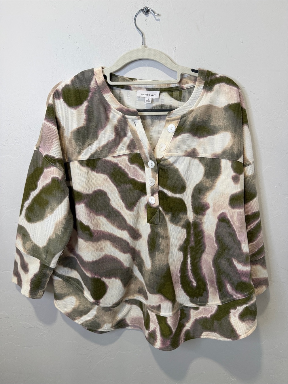 Westbound Olive, Cream & Pink Abstract Button Henley